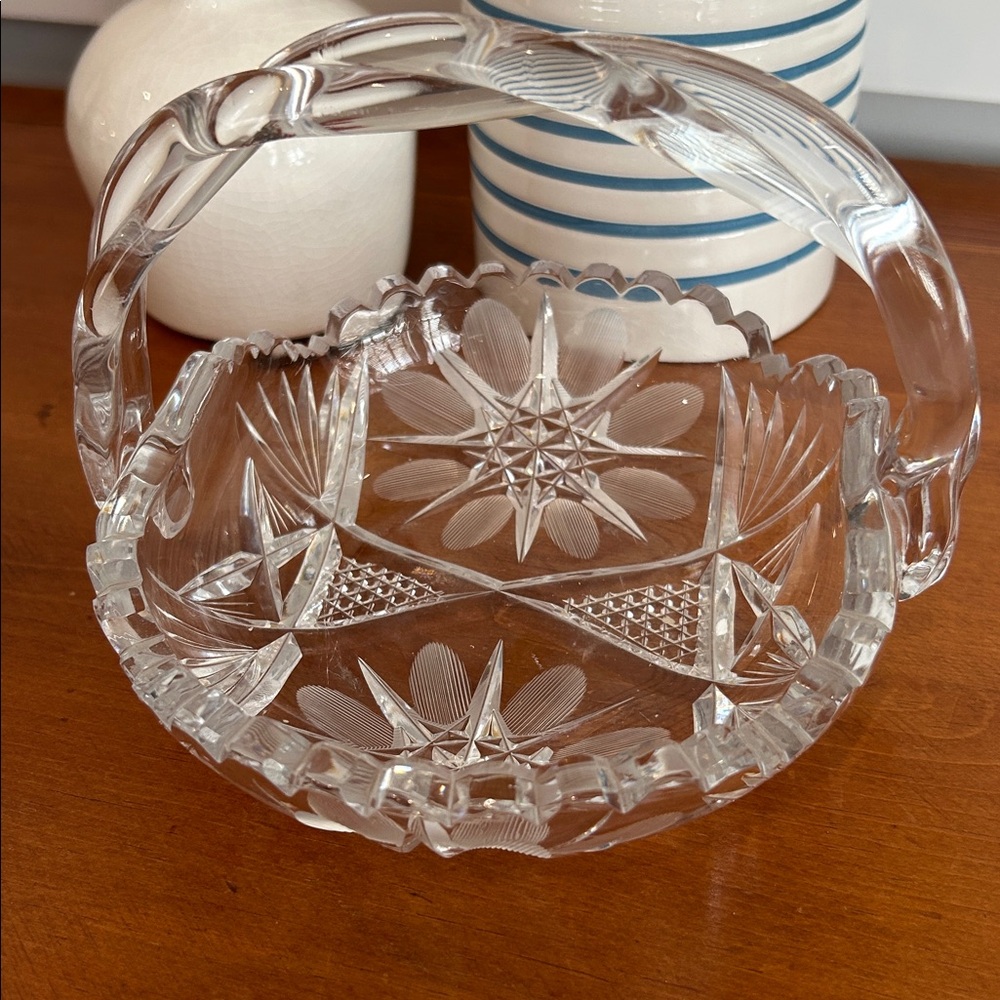 Crystal Braided handle flat candy dish Vintage Cut glass Antique Candy Basket